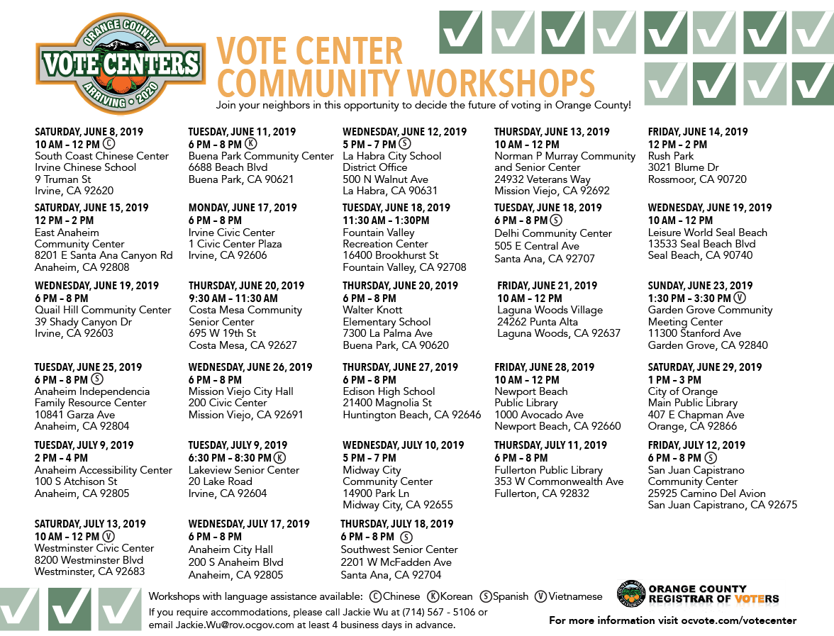 Vote Center Community Workshop Calendar
